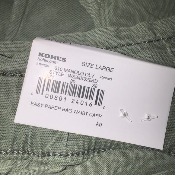 Sonoma Olive Green Easy Paper Bag Waist Capri Pants women’s size Large - Picture 7 of 7